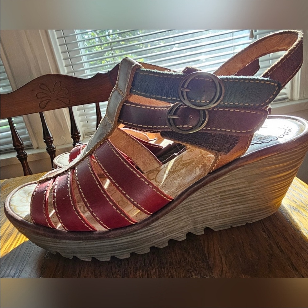 Fly London Red and Blue Wedge Sandals